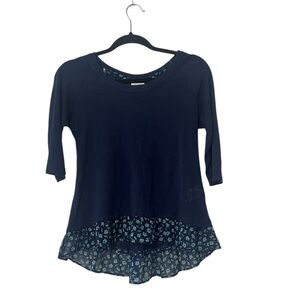 Maison Jules Navy Blue 3/4 Sleeve Top with Floral Ruffles
